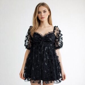 Black Sheer Mesh Babydoll  Dress Womens XS 3D‎ Butterfly Coquette Fairy Goth
